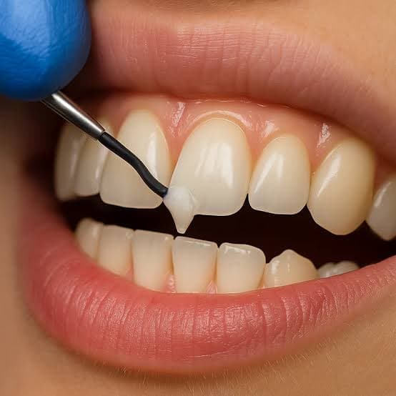 Dentist applying tooth-colored composite resin to repair a chipped tooth — dental bonding procedure